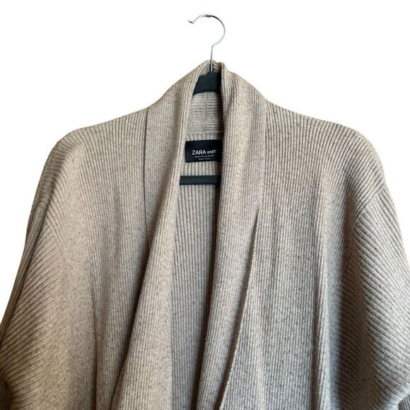 ZARA Cardigan Womens Medium Brown Knit Ribbed Open Stretch Sweater - Picture 2 of 9